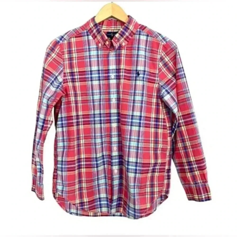 Boys‎ Ralph Lauren Long Sleeve Button Up Red/Blue  Plaid Shirt Size XL EUC